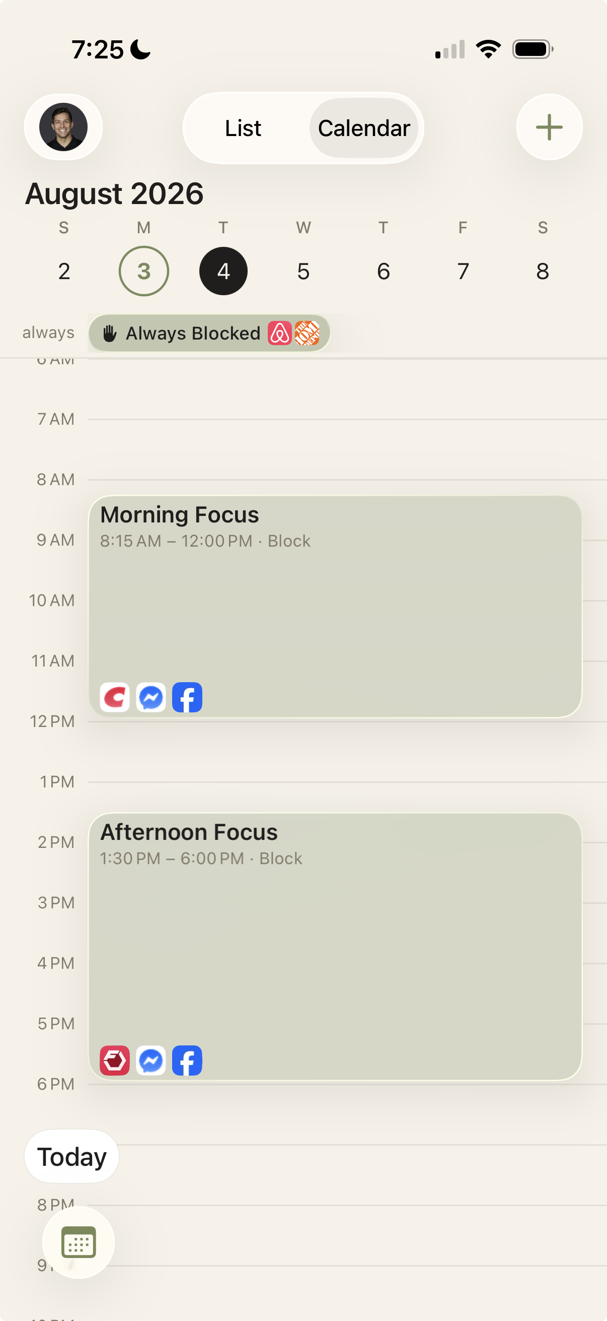 Prune weekly calendar showing the Always Blocked plan alongside Morning Focus and Afternoon Focus blocks with their app selections